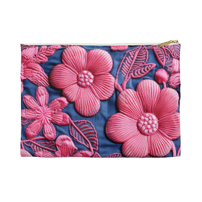 Denim Blue Doll Pink Floral Embroidery Style Fabric Flowers - Accessory Pouch