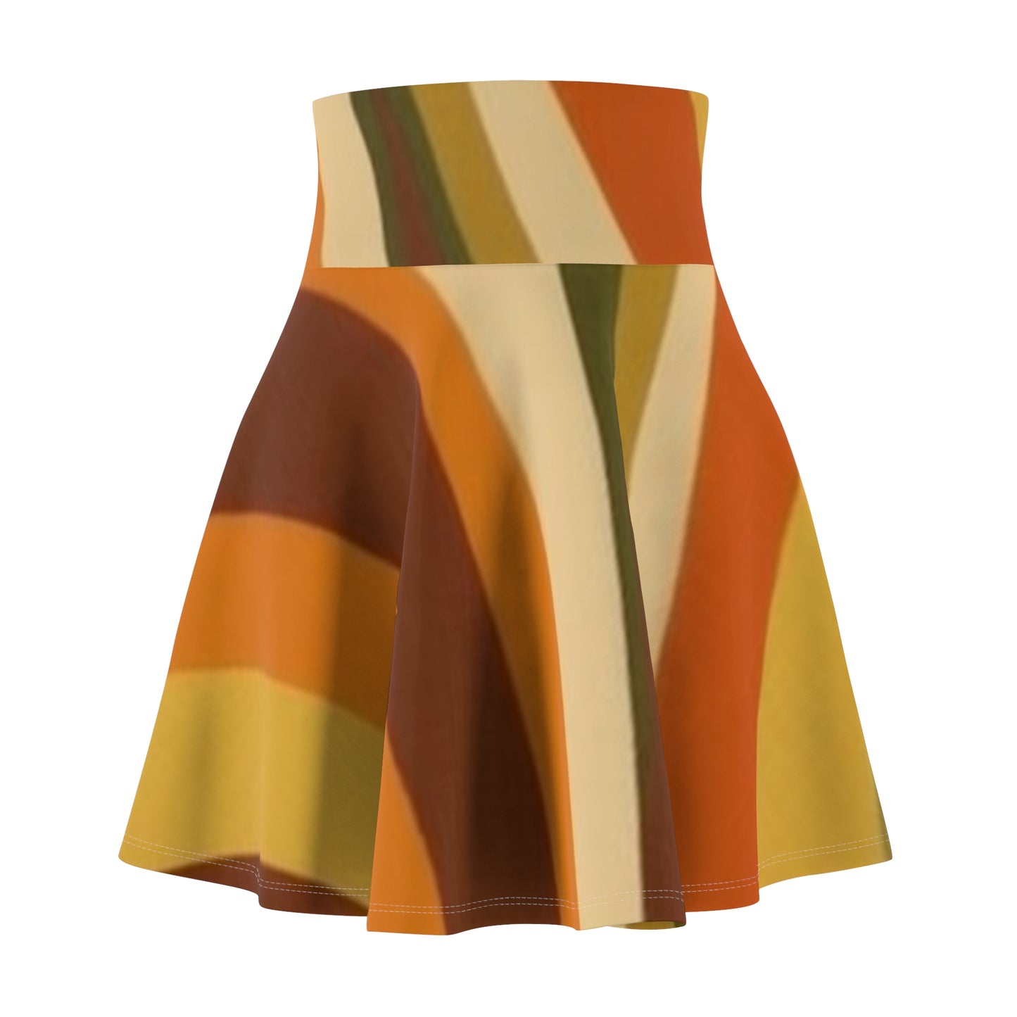 Groovy 1970s Mod-Inspired Women's Skater Skirt (AOP) in Bold Orange, Green, Rust, Gold, and Beige