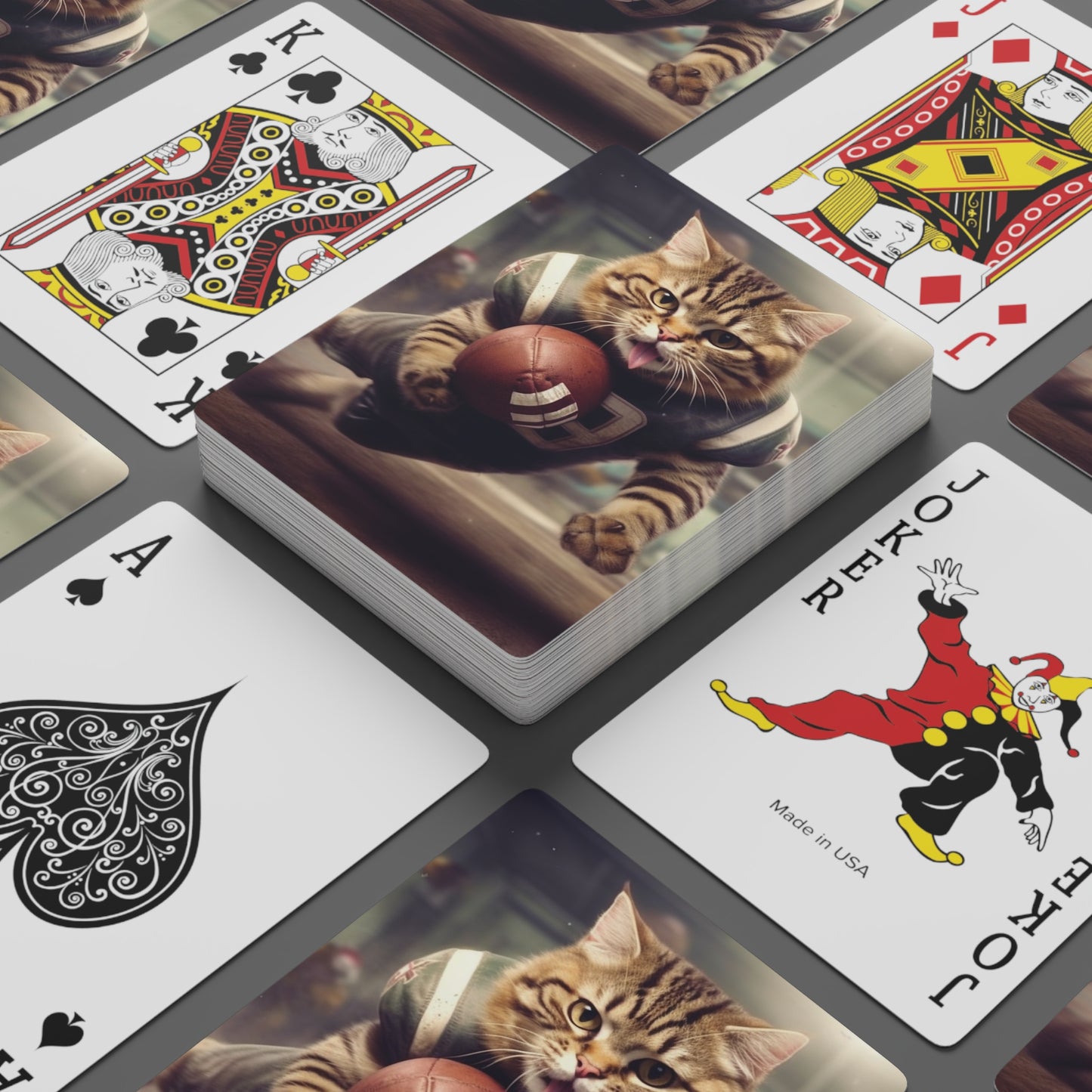 Felinos en el campo de fútbol: gatitos en posición de juego de puntuación deportiva - Cartas de póquer 