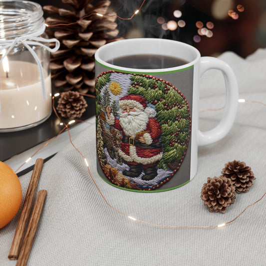 Ganchillo de pinos de Papá Noel, bosque festivo, árbol de Navidad y Claus, paisaje navideño - Taza de cerámica 11oz 