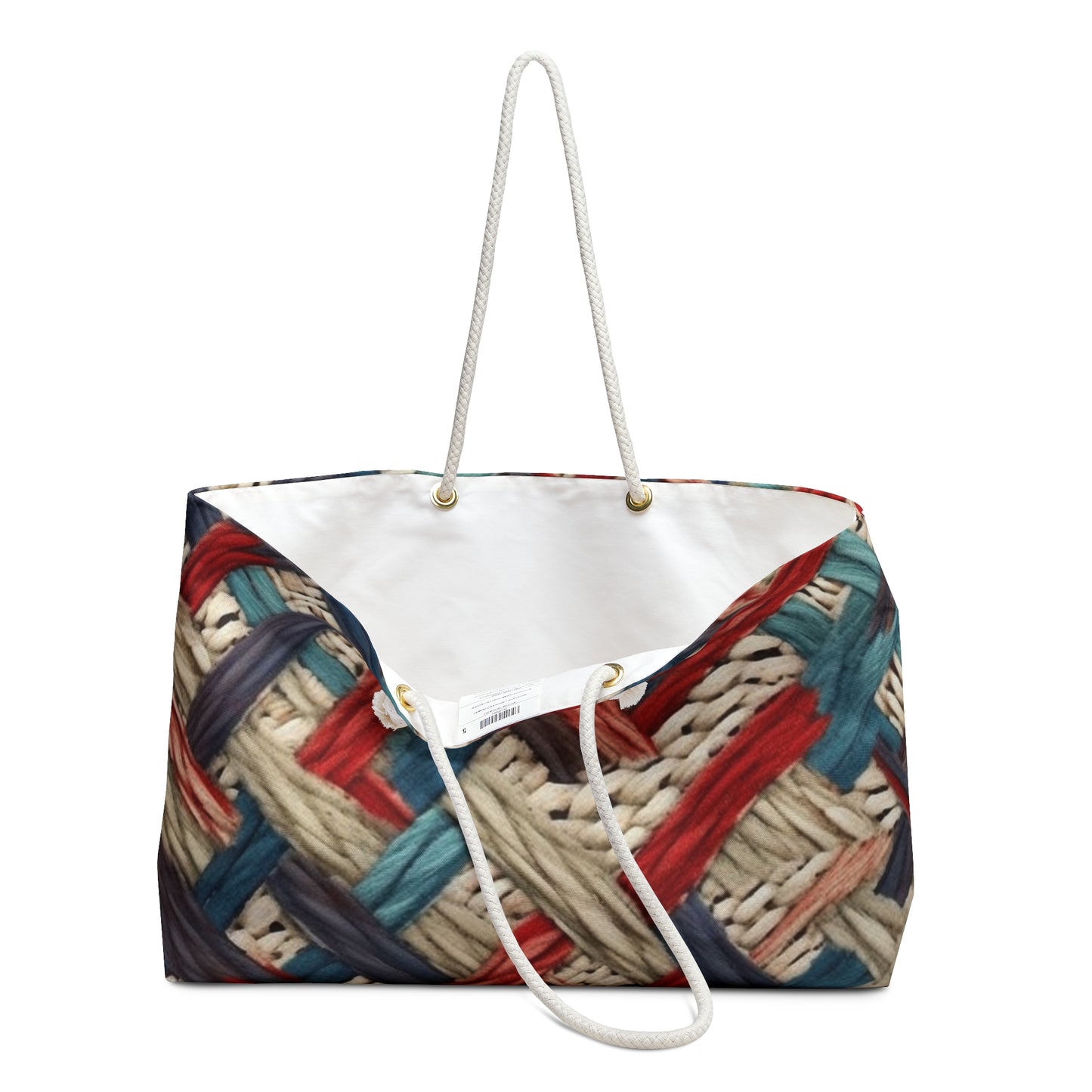 Colorful Yarn Knot: Denim-Inspired Fabric in Red, White, Light Blue - Weekender Bag