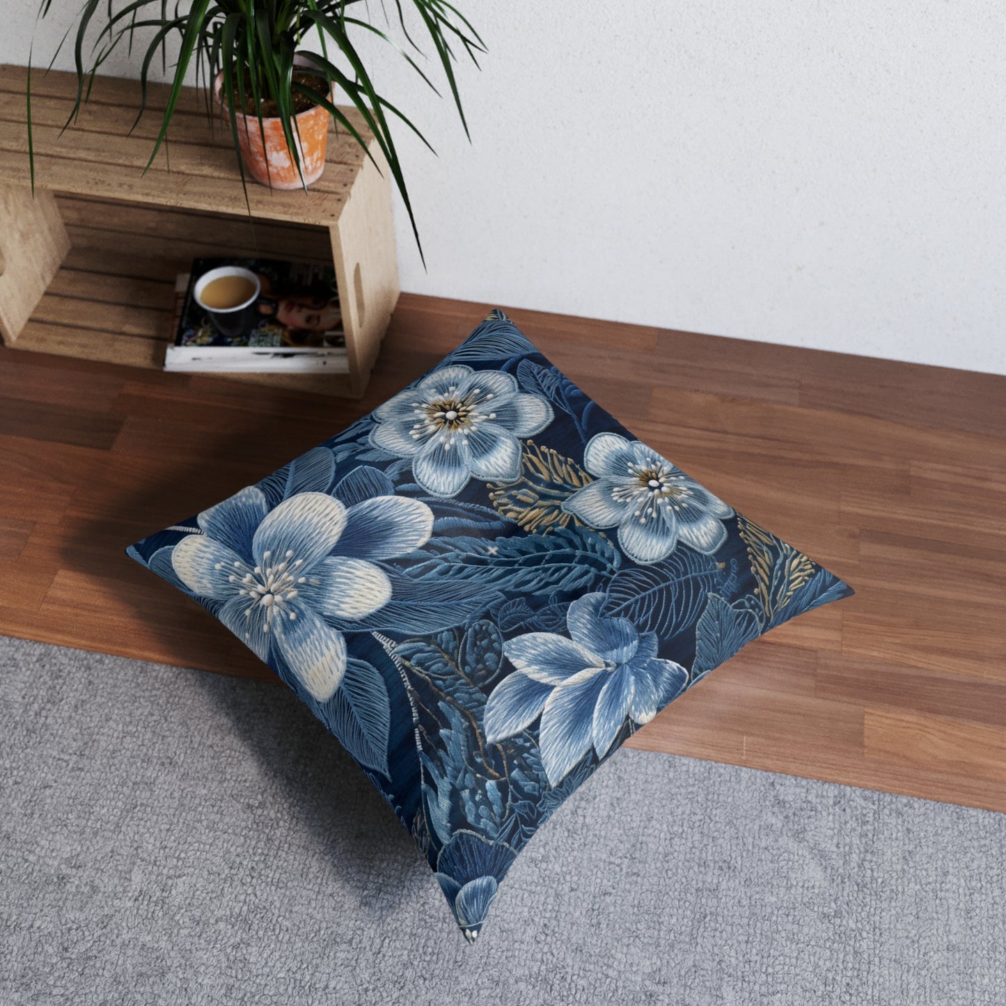 Flower Blossom Embroidery Floral on Denim Style - Tufted Floor Pillow, Square