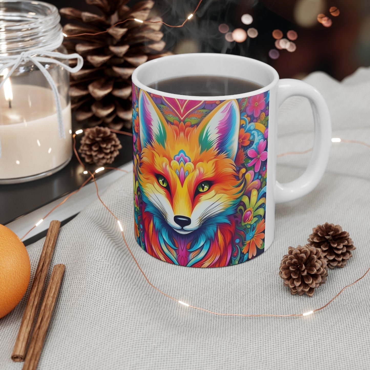 Diseño de zorro vibrante y colorido, animal único y llamativo - Taza de cerámica de 11 oz