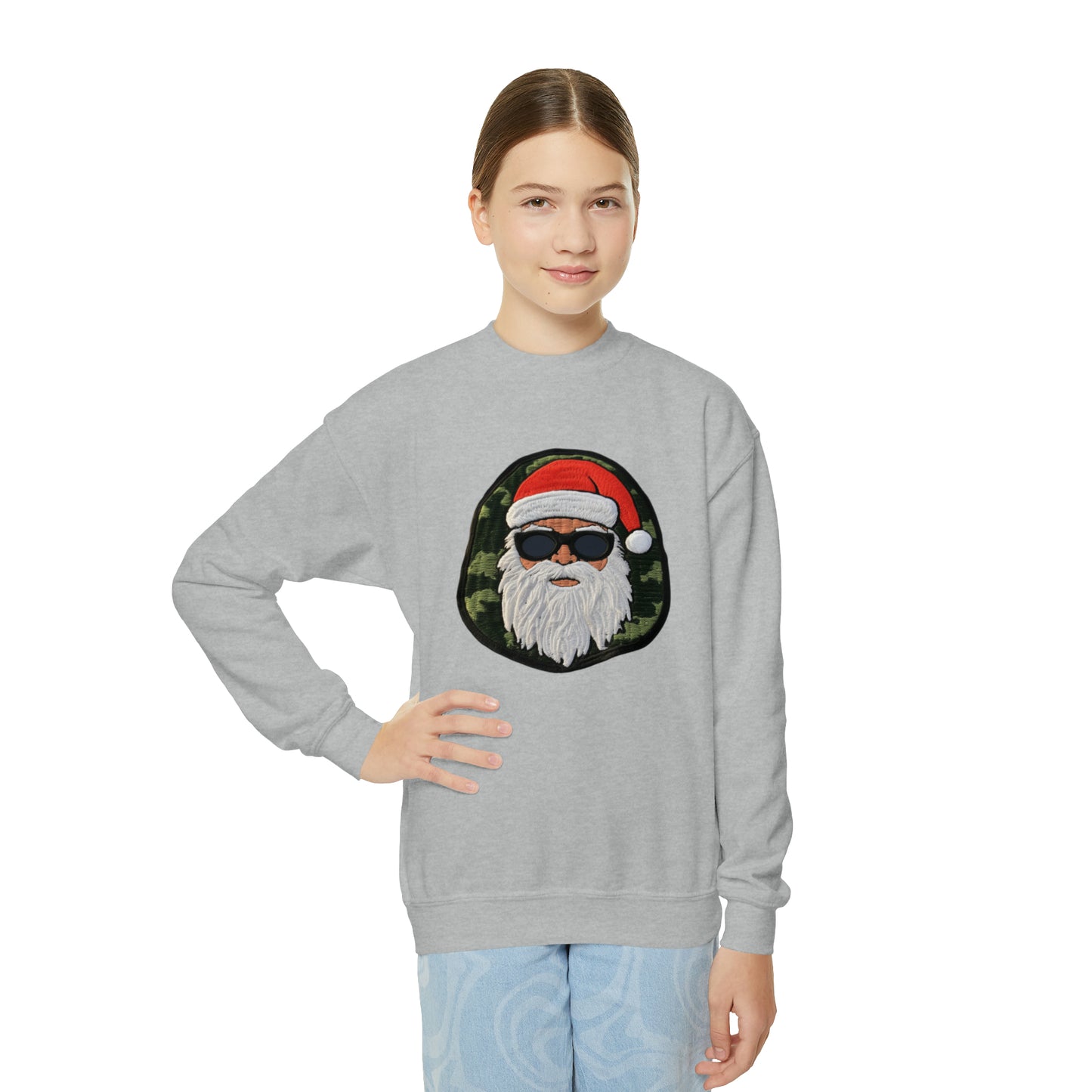 Military Santa Camo Patch - Marine Christmas Chenille Badge - Festive Decor - Youth Crewneck Sweatshirt