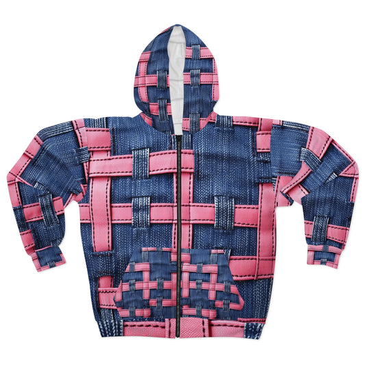 Candy-Striped Crossover: Pink Denim Ribbons Dancing on Blue Stage - Unisex Zip Hoodie (AOP)