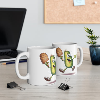 Pickle Player Action: Cartoon Swinging Pickleball Paddle - Sporty Charm - Ceramic Mug 11oz