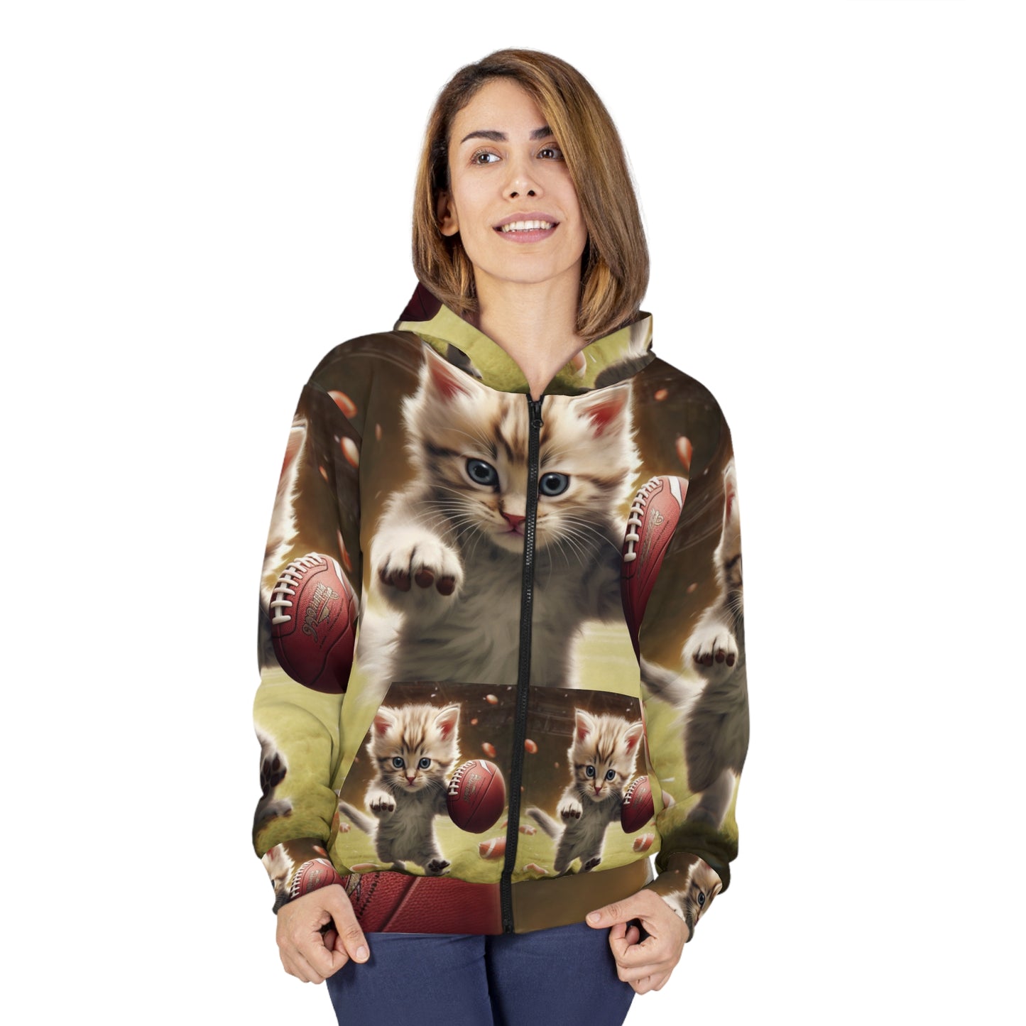 Football Kitty Fantasy: Feline Cat American Sport Quarterback - Unisex Zip Hoodie (AOP)