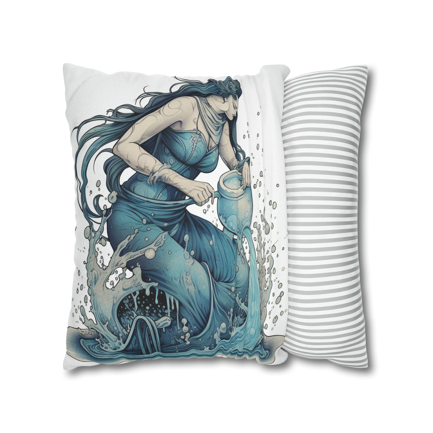 Aquarius Zodiac Symbol - Girl Pouring Water, Hand-Drawn Style - Spun Polyester Square Pillow Case