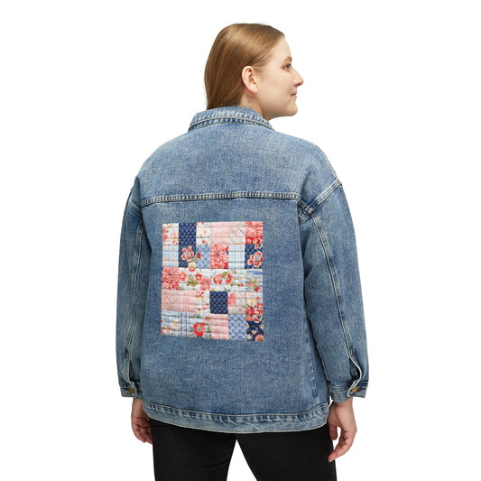 Floral Harmony Quilt, Blossom Patchwork, Blue and Pink Quilted Patterns, Garden Quilt, Soft Pastel Quilting Squares Design - Women's Denim Jacket