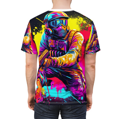 Paintball Action Sport: Player in Battle, Paint Splatter - Unisex Cut & Sew Tee (AOP)