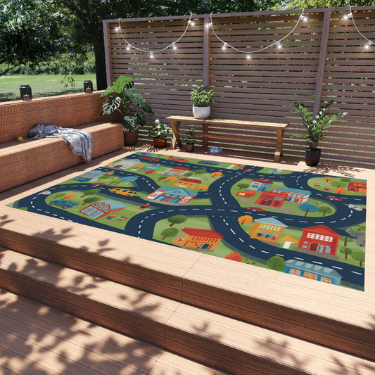 Fun Town Car Pattern Outdoor Rug for Kids: Non-Slip, Breathable, Quick-Drying