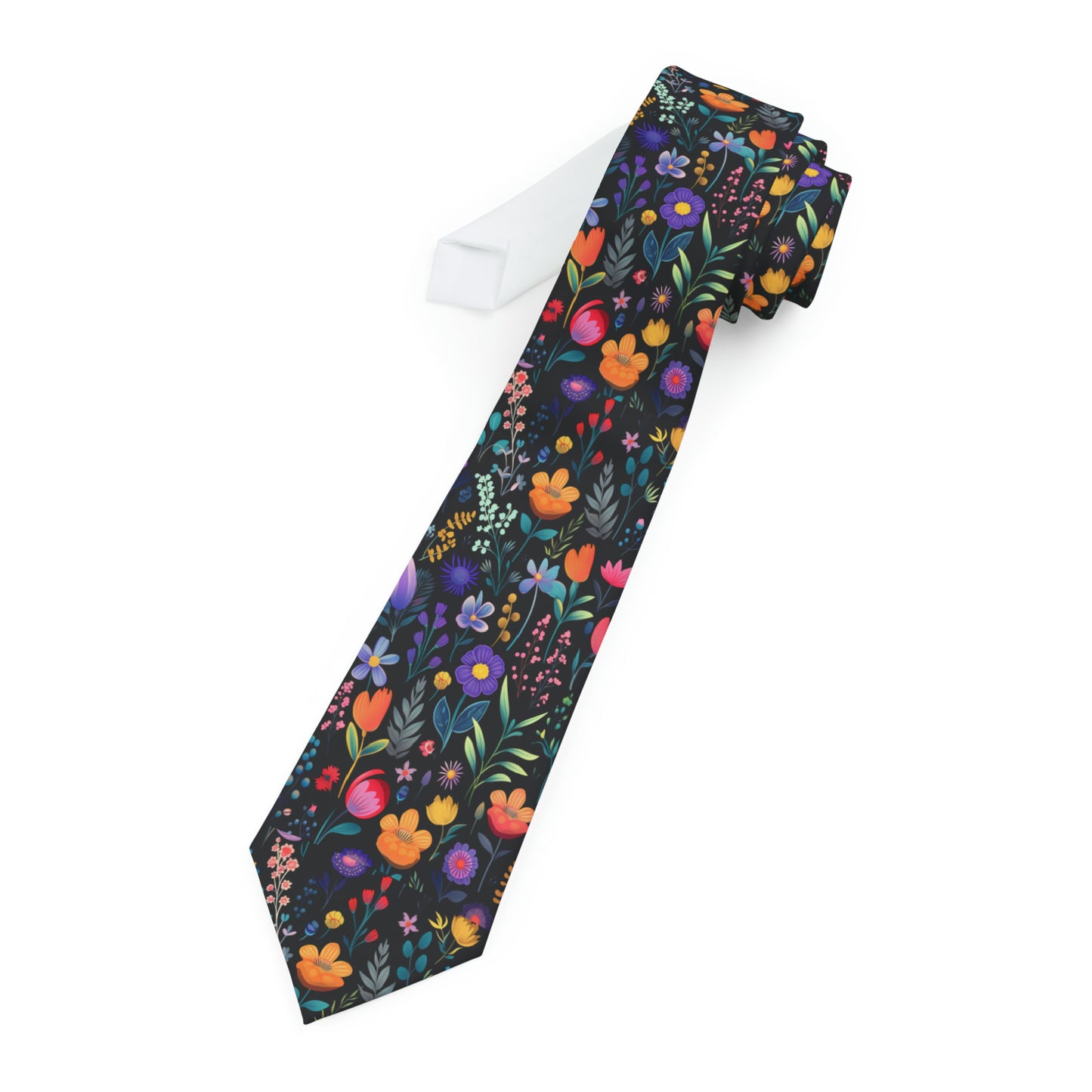 Men's Necktie - Delicate Wispy Wildflowers on Noir Black