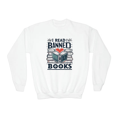 I Read Banned Books - Heartfelt Love for Literature Illustration - Youth Crewneck Sweatshirt