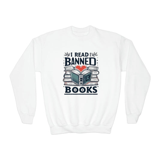 I Read Banned Books - Heartfelt Love for Literature Illustration - Youth Crewneck Sweatshirt