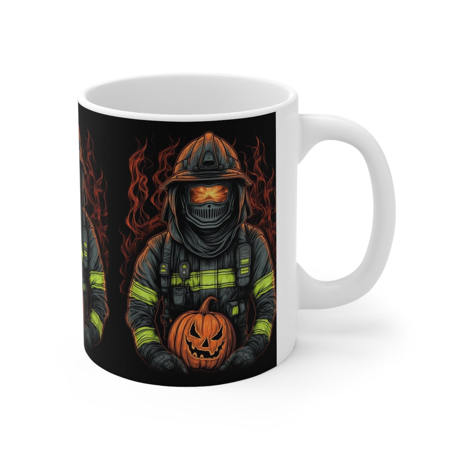 Firefighter Spooky Alert: Facing Haunted Halloween Spirits Scary Fire Pumpkin - Ceramic Mug 11oz