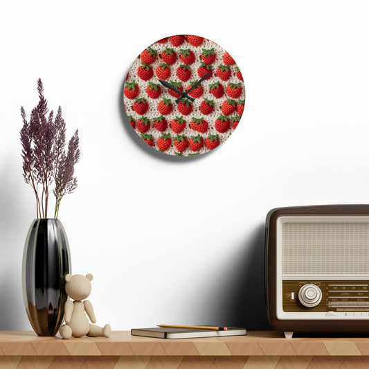 Strawberry Traditional Japanese, Crochet Craft, Fruit Design, Red Berry Pattern - Acrylic Wall Clock