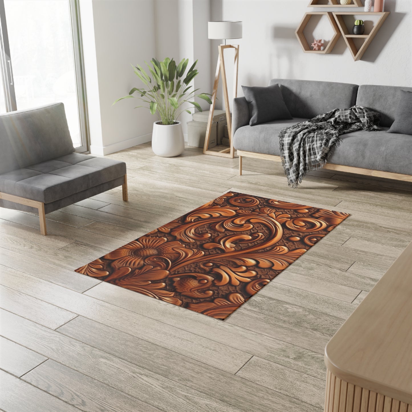 Leather Flower Cognac Classic Brown Timeless American Cowboy Design - Dobby Rug