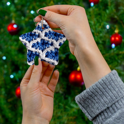 Blueberry Blue Crochet, White Accents, Classic Textured Pattern - Ceramic Ornament, 4 Shapes