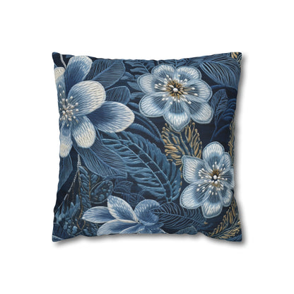 Flower Blossom Embroidery Floral on Denim Style - Spun Polyester Square Pillow Case