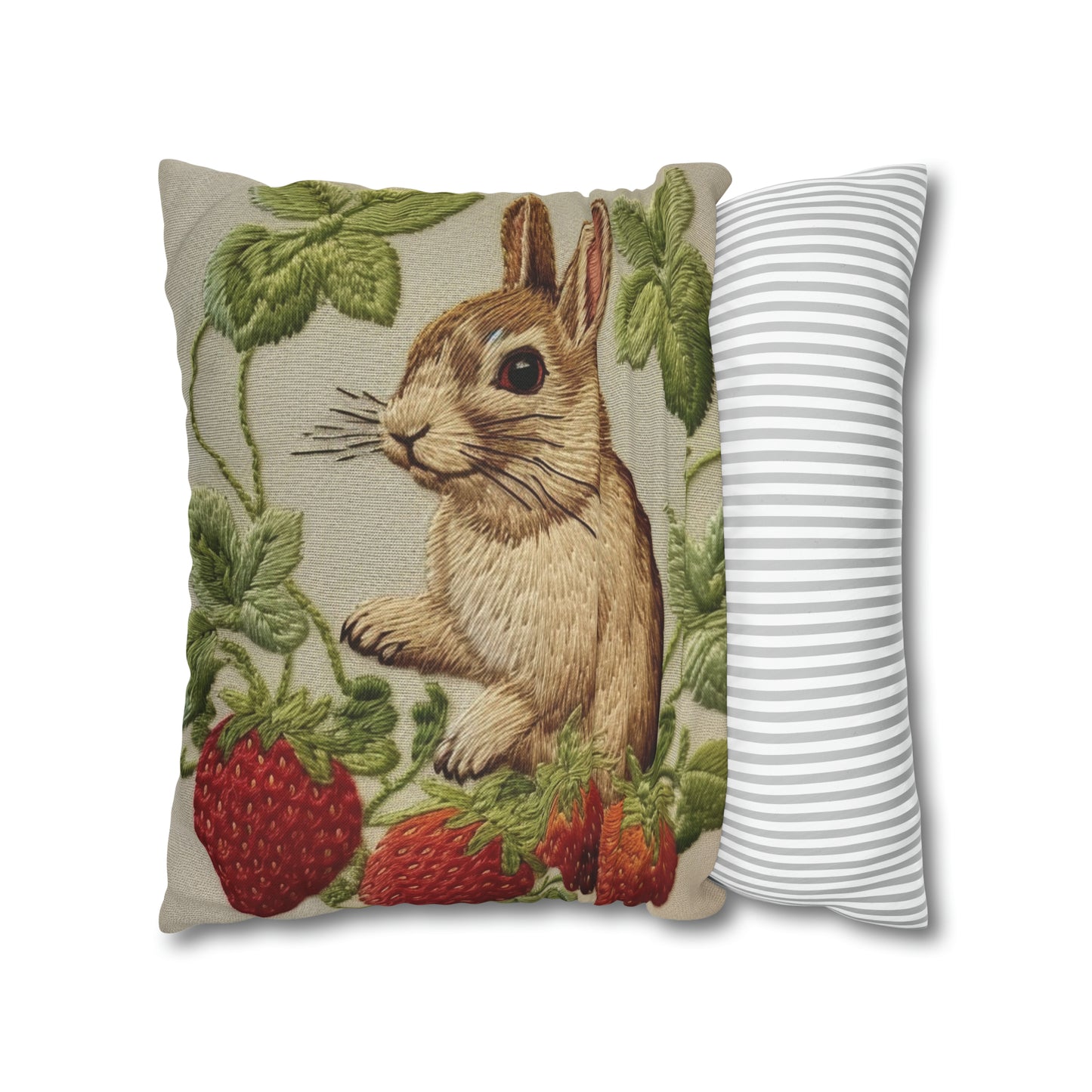 Strawberry Bunny Rabit - Embroidery Style - Strawberries Fruit Munchies - Easter Gift - Spun Polyester Square Pillow Case