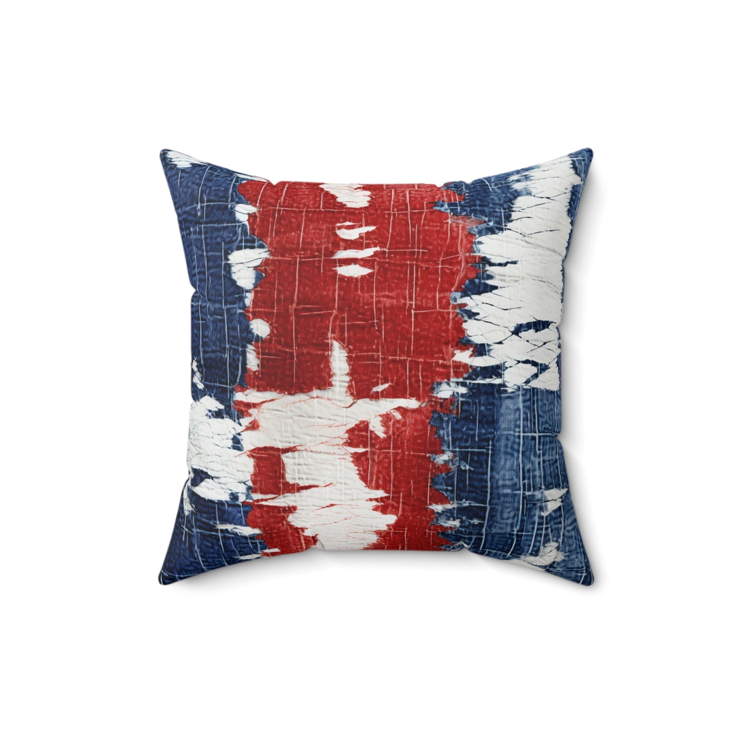 Rojo patriótico, blanco y azul: estilo denim desgastado, tela rasgada - almohada cuadrada de poliéster hilado