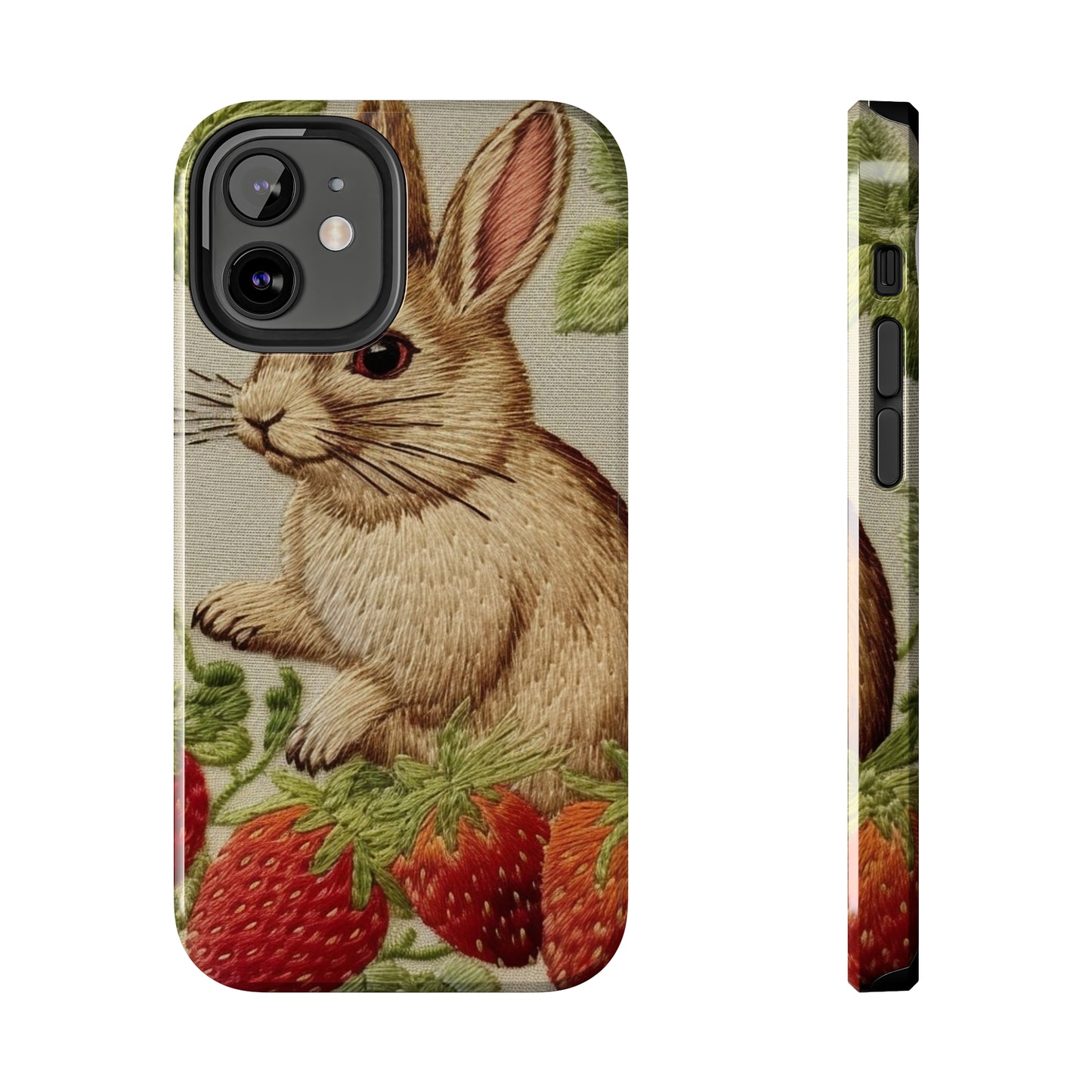 Strawberry Bunny Rabit - Embroidery Style - Strawberries Fruit Munchies - Easter Gift - Tough Phone Cases