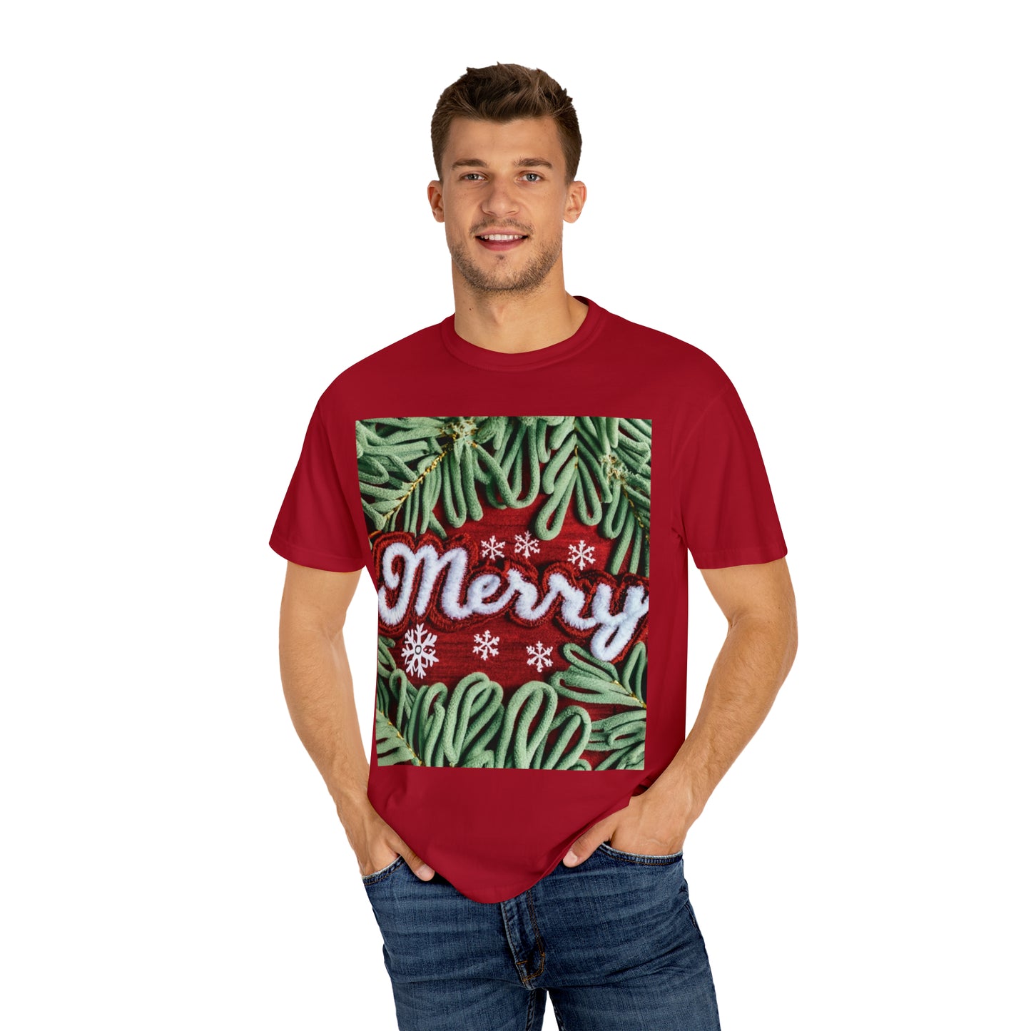 Chenille Patch Festive Design, Holiday Motif, Merry Christmas Theme, Trendy Winter Style - Unisex Garment-Dyed T-shirt