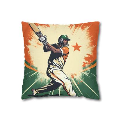 India Cricket Star: Batsman With Willow Bat, National Flag Style - Sport Game - Spun Polyester Square Pillow Case