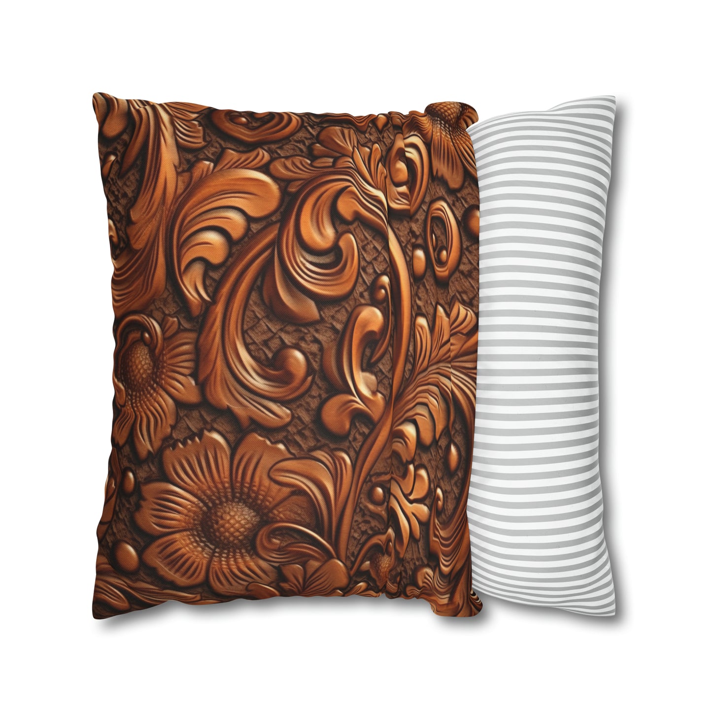 Leather Flower Cognac Classic Brown Timeless American Cowboy Design - Spun Polyester Square Pillow Case