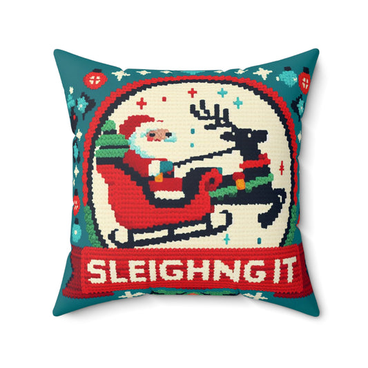 Estilo de punto de cruz de Papá Noel y renos - Navidad 'Sleighing It' - Vacaciones festivas - Almohada cuadrada de poliéster hilado