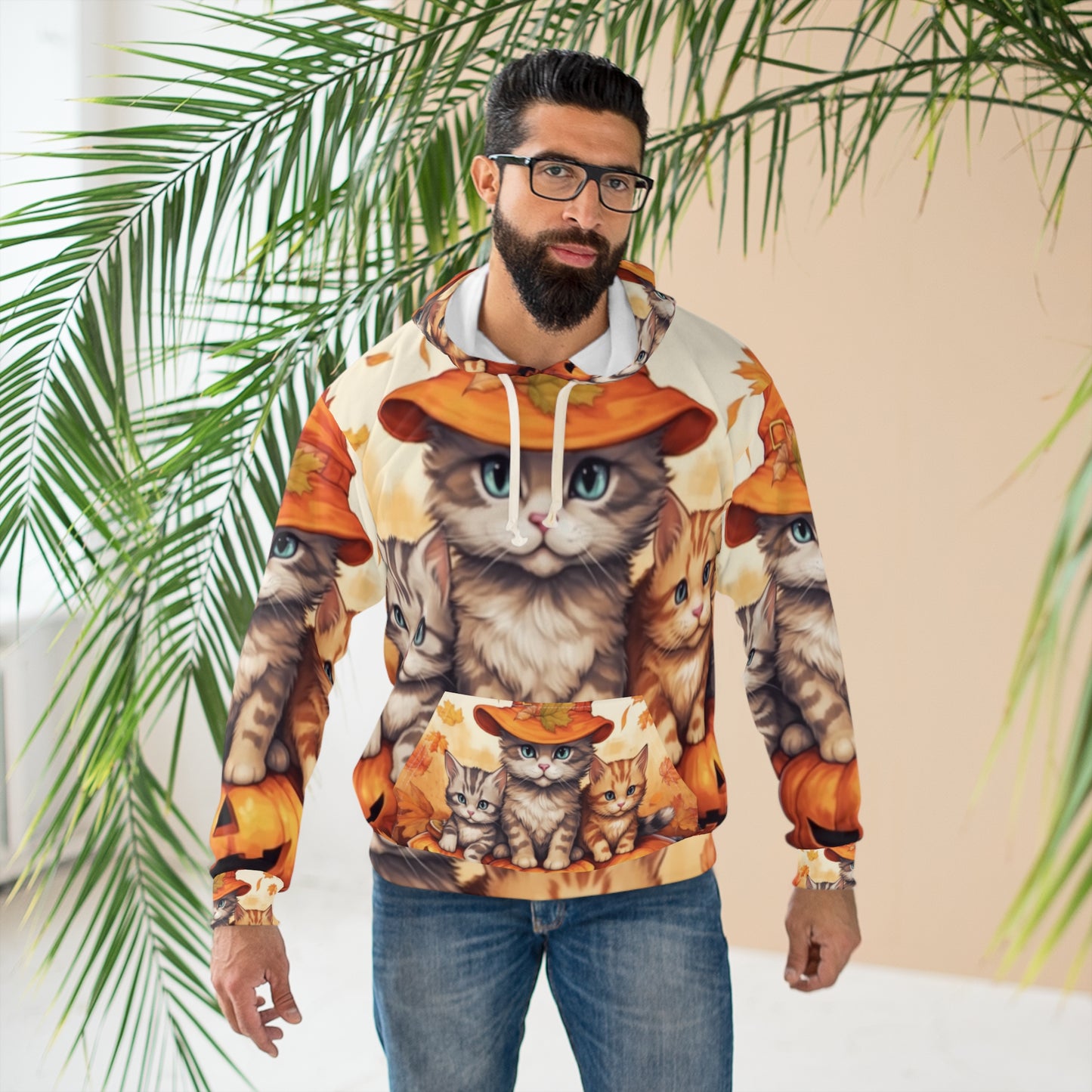 Kitty Cat Kittens Halloween - Cute Furries on Pumpkin - Festive Feline Decor - Unisex Pullover Hoodie (AOP)