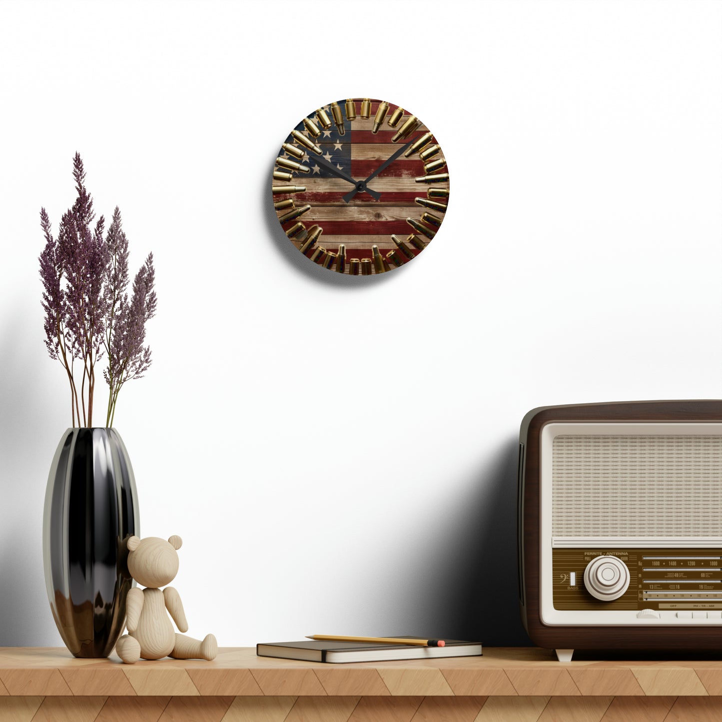 Patriotic American Flag Acrylic Wall Clock, Rustic USA Wall Decor, Hunter's Gift, Americana Pride, Stars & Stripes Timepiece