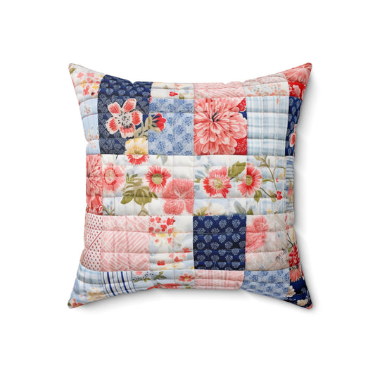 Edredón de armonía floral, patchwork de flores, patrones acolchados azules y rosas, edredón de jardín, diseño de cuadrados de acolchado en colores pastel suave - almohada cuadrada de poliéster hilado