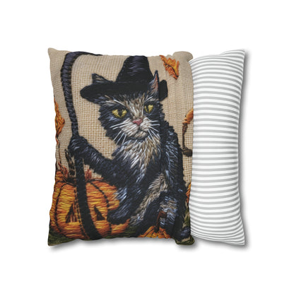 Halloween Cat Magic: Embroidered Style Feline with Pumpkins & Witch Hat - Spun Polyester Square Pillow Case