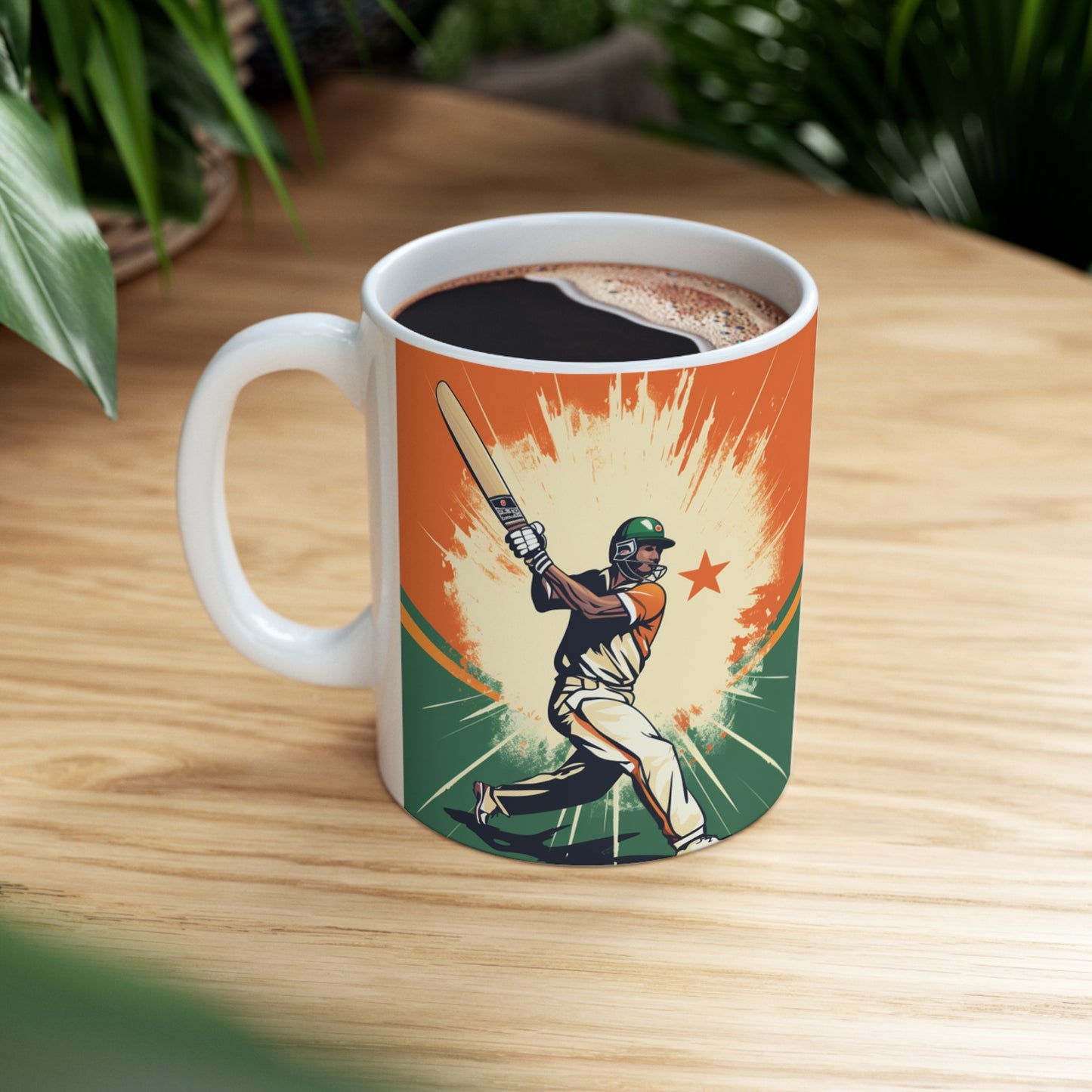 India Cricket Star: Batsman With Willow Bat, National Flag Style - Sport Game - Ceramic Mug 11oz