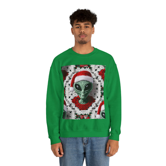 Santa's Cosmic Secret: Jolly Green Christmas Extraterrestrial with Festive Attire Crochet Art - Unisex Heavy Blend™ Crewneck Sweatshirt
