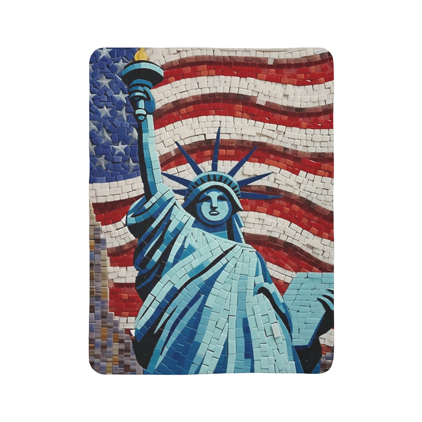 Patriotic Mosaic Artwork, Liberty Statue with Flag, Emblematic Freedom, Independence Day Mural, National Pride Abstract Tilework - Fleece Sherpa Blanket