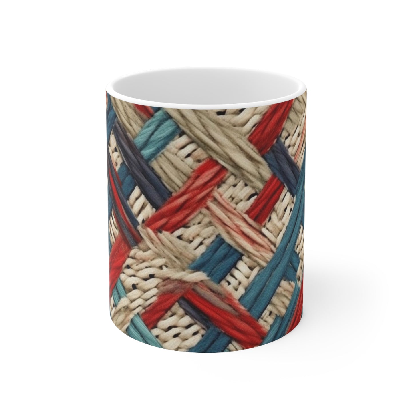 Colorful Yarn Knot: Denim-Inspired Fabric in Red, White, Light Blue - Ceramic Mug 11oz