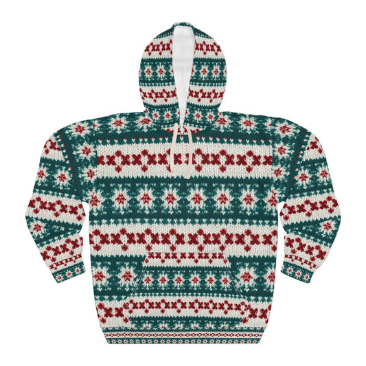 Christmas Knit Crochet Holiday, Festive Yuletide Pattern, Winter Season - Unisex Pullover Hoodie (AOP)