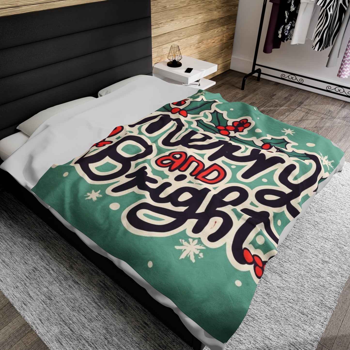 Merry and Bright Christmas Theme Holiday - Velveteen Plush Blanket