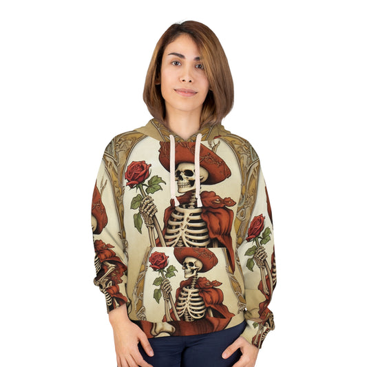 Death Card Tarot - Skeleton, Rose, and Transformation Journey - Unisex Pullover Hoodie (AOP)