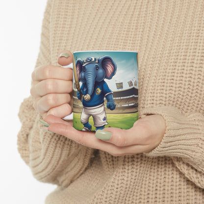 India Elephant Cricket Sport Star: Pitch, Run, Stump Game - Animated Charm - Ceramic Mug 11oz