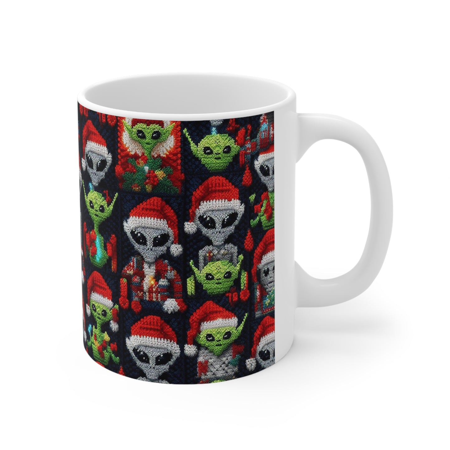 Festive Alien Invasion: Intergalactic Christmas Holiday Cheer with Santa Hats and Seasonal Gifts Crochet Pattern - Ceramic Mug 11oz