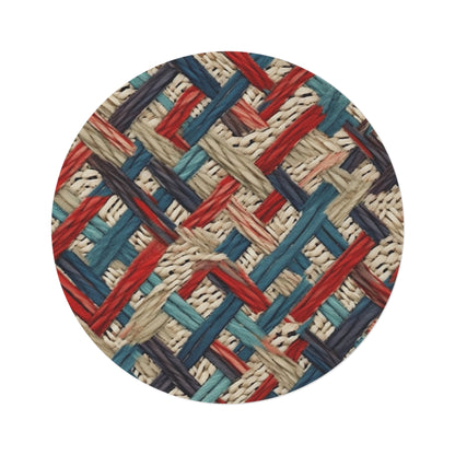 Colorful Yarn Knot: Denim-Inspired Fabric in Red, White, Light Blue - Round Rug