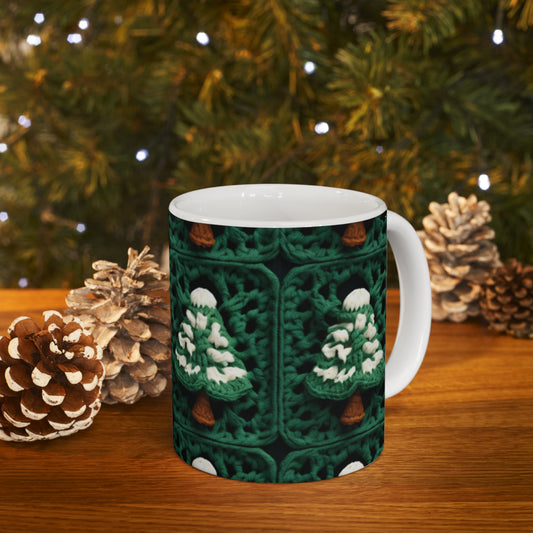 Evergreen Christmas Trees Crochet, Festive Pine Tree Holiday Craft, Yuletide Forest, Winter - Ceramic Mug 11oz