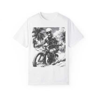 Biker Skeleton Wearing Sunglasses, Riding Sunset Boulevard in California Motorcycle, Unisex Garment-Dyed T-shirt