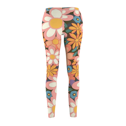 Groovy 1960s 1970s Pink & Orange Daisy Mod Floral - Women's Cut & Sew Casual Leggings (AOP)