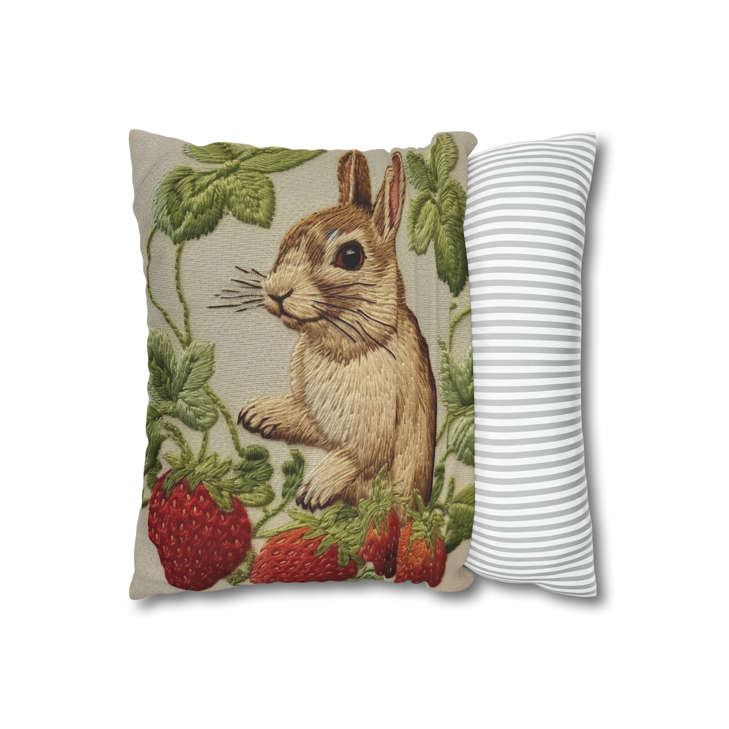 Strawberry Bunny Rabit - Embroidery Style - Strawberries Fruit Munchies - Easter Gift - Spun Polyester Square Pillow Case