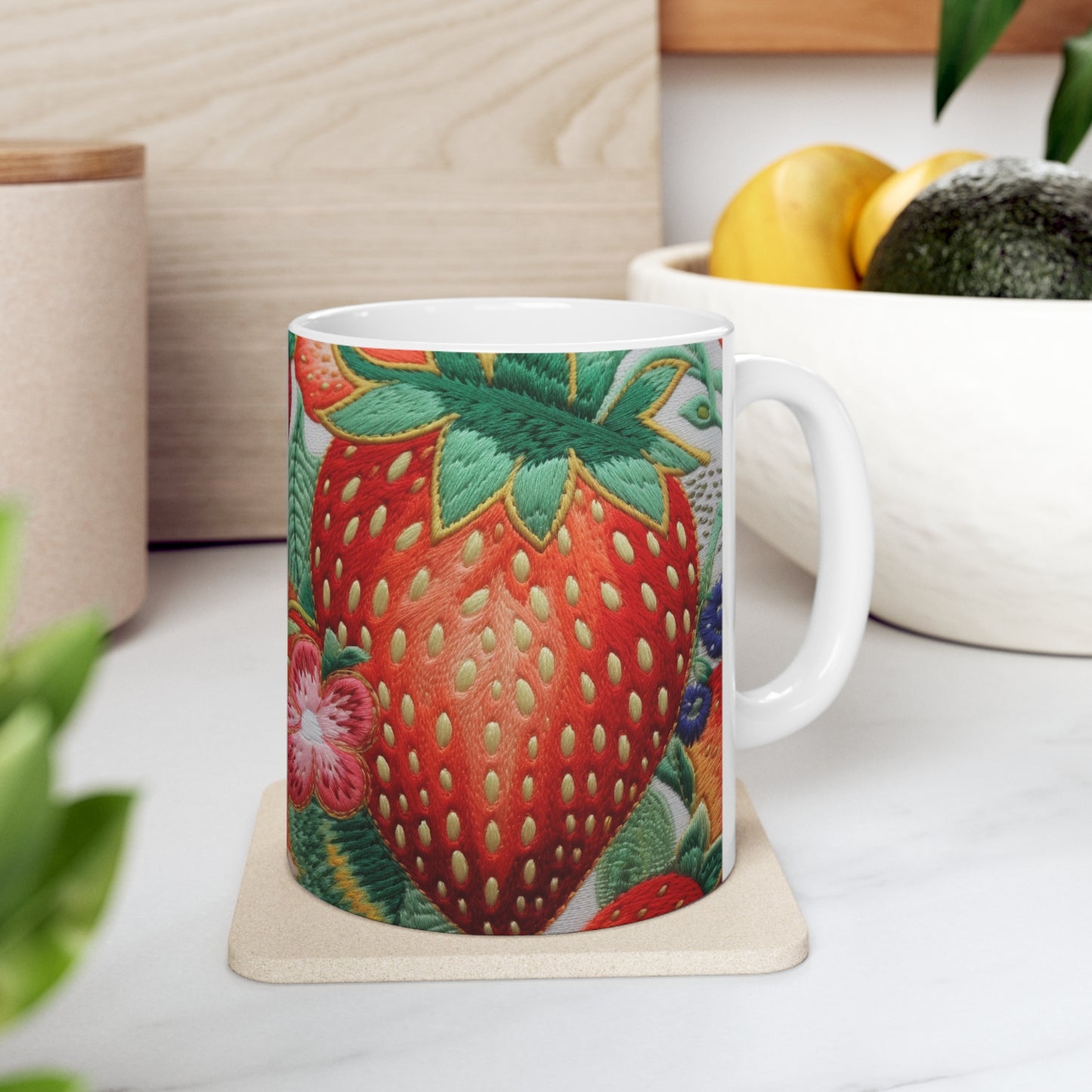 Berry Delight: Sun-Kissed Strawberries Fields Meet Embroidered Style Strawberry Patterns - Ceramic Mug 11oz