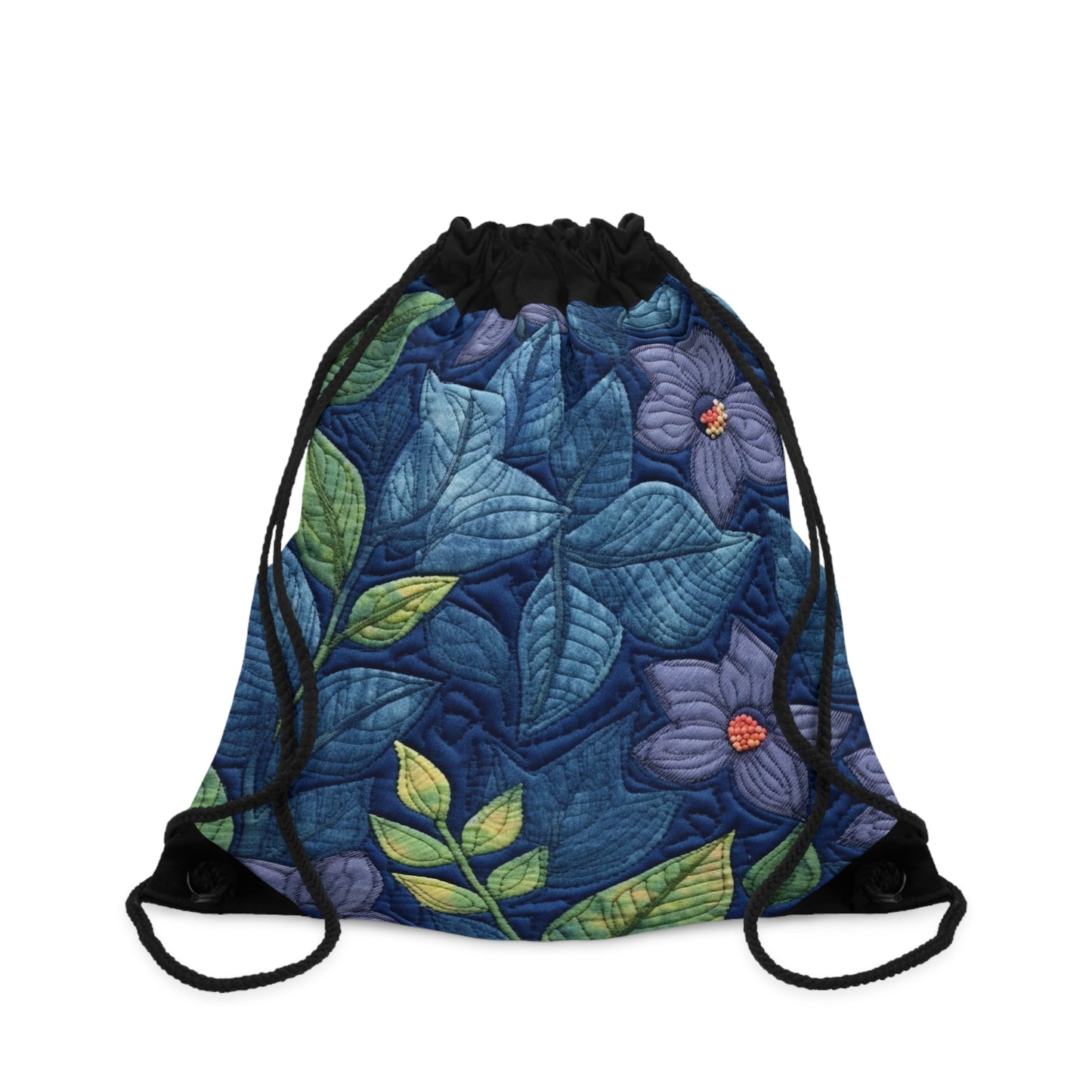 Floral Embroidery Blue: Denim-Inspired, Artisan-Crafted Flower Design - Drawstring Bag